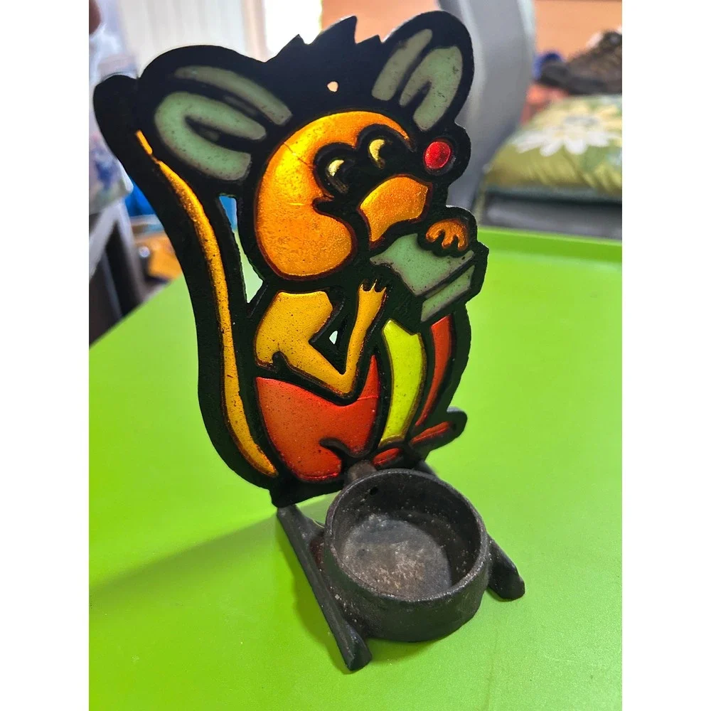 Vintage Stained Glass Mouse Tea Light Candle Holder Metal Suncatcher Whimsical